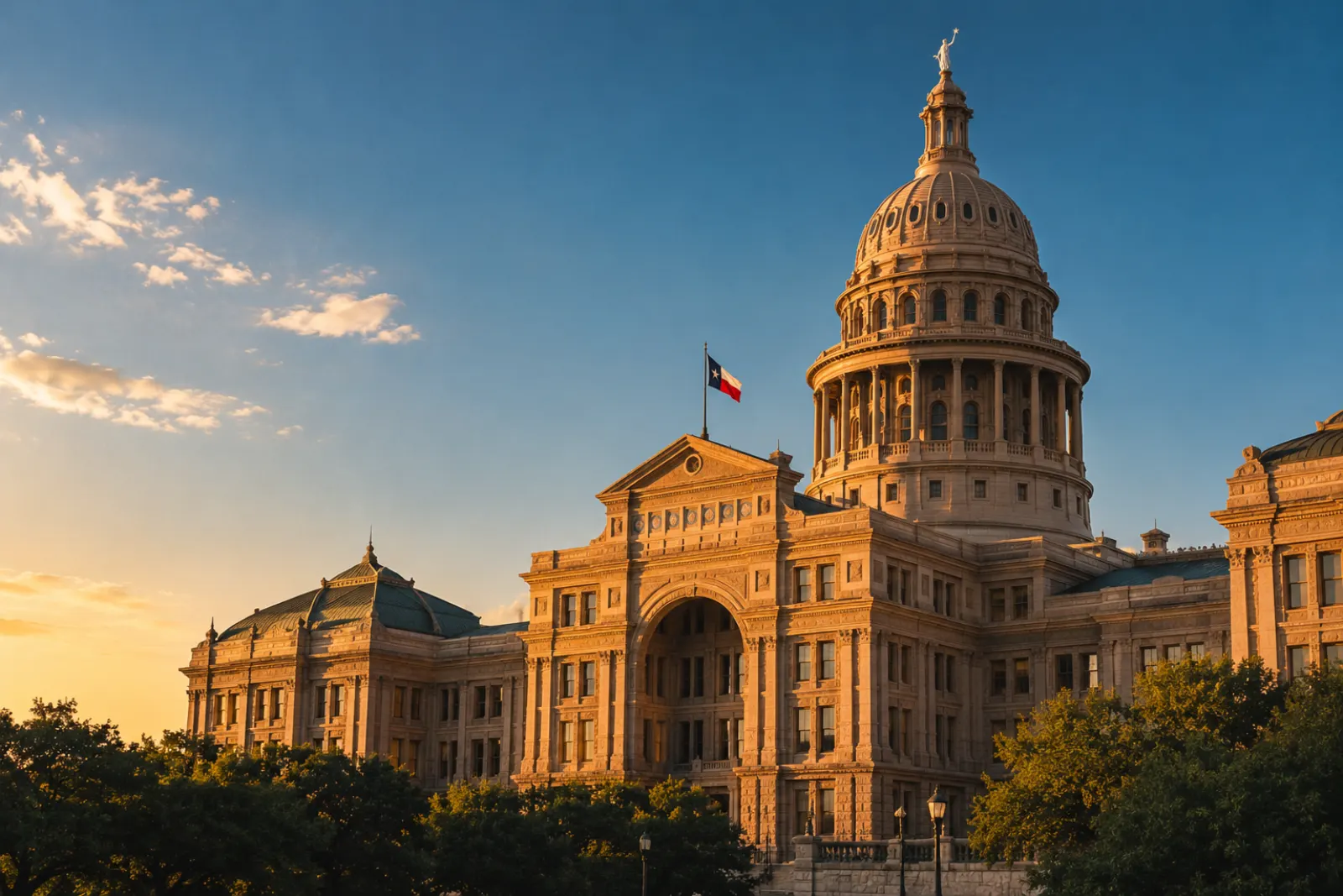 The Texas Capitol dome in golden-hour light