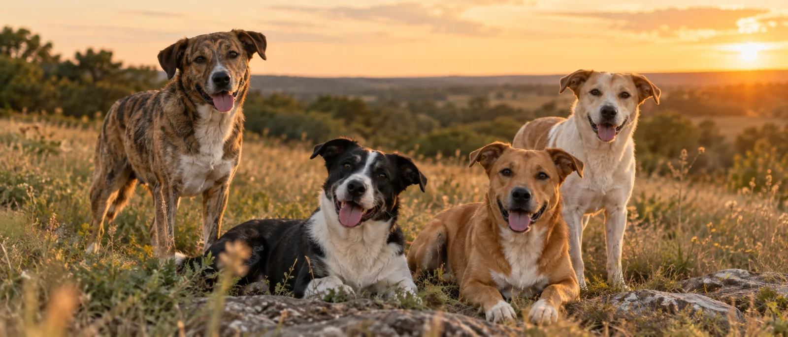 Rescue dogs in golden-hour light