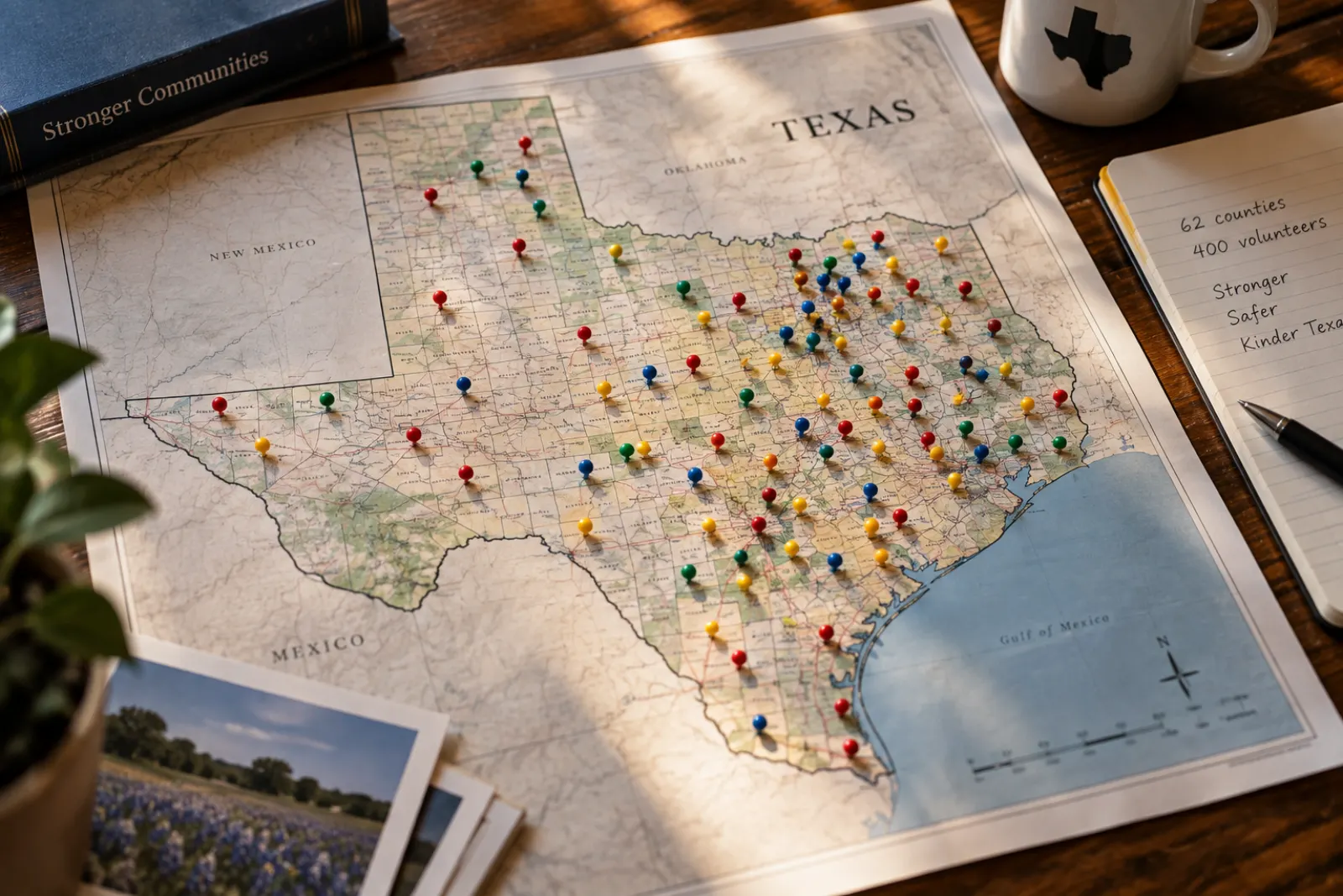 A pinned map of Texas counties on a planning table